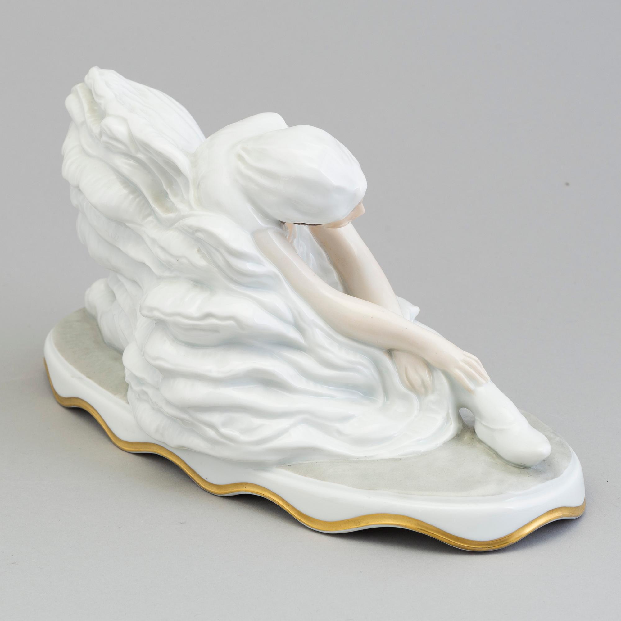 CONSTANTIN HOLZER-DEFANTI, porslin, figurin, "Den döende svanen", Rosenthal, 1900-talets andra kvartal.