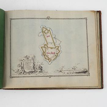 Album from 1746 with 22 watercolors of fortresses, a gift from Gabriel Cronstedt to the heir apparent Adolf Fredrik.