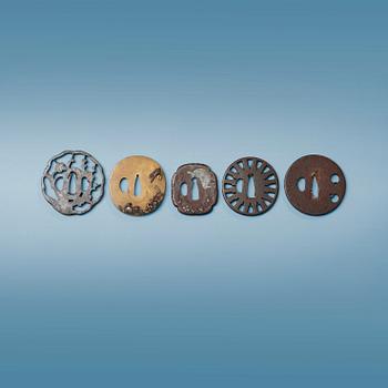 A set of five Japanese bronze Tsubas, Edo period (1603-1868).