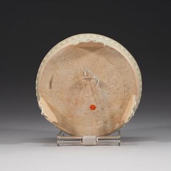 A pale celadon glazed tripod censer, presumably Yuan dynasty (1280-1367).