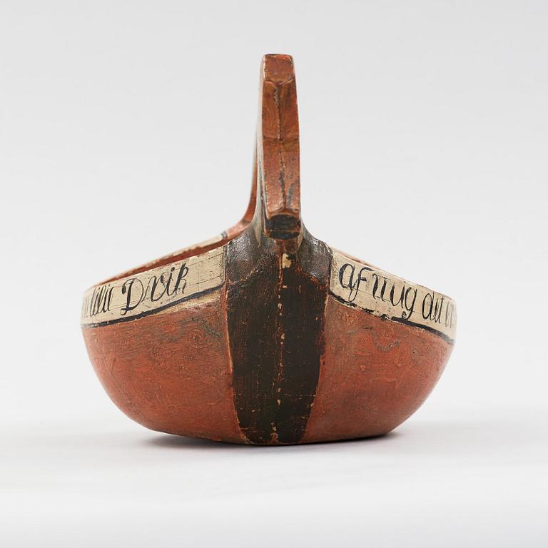 A Norwegian 18th century "Kjenge" painted carved wood ale cup bowl.