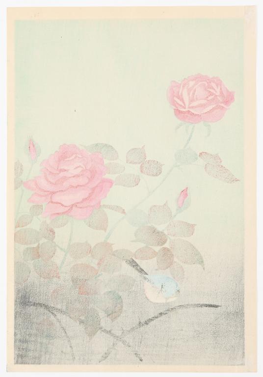 Ohno Bakufu, Motif of a bird and flowering roses, and a vase with prunus, peonies, daffodils and an orchid.