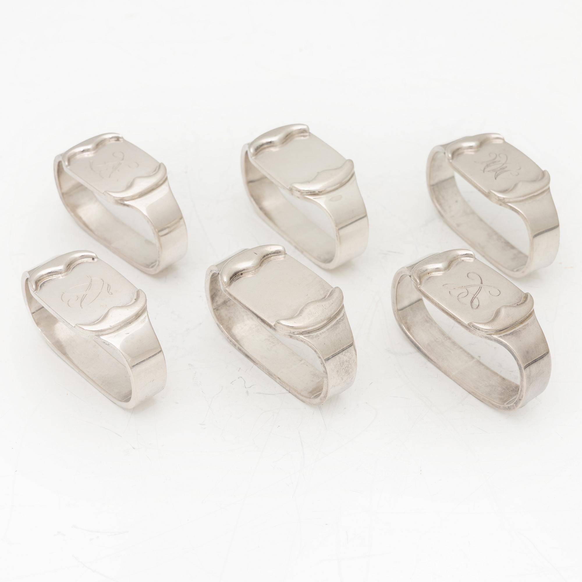 Erik Sjødahl Andersen, servettringar, 6 st, sterlingsilver, Danmark, 1900-talets senare del.