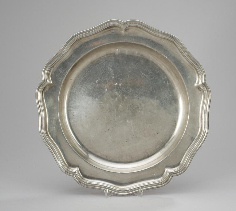A Swedish pewter plate by Carl Gustaf Malmborg, Stockholm (active 1767-1806).