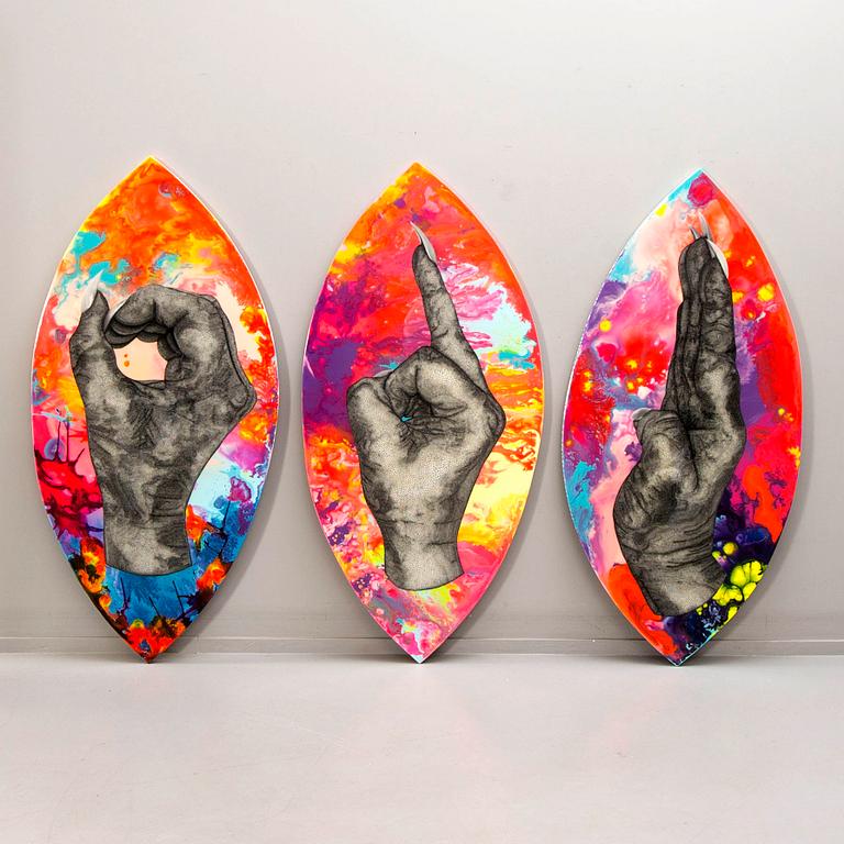 Carolina "Blue" Falkholt, triptych, mixed media on panel / board, signed on verso.