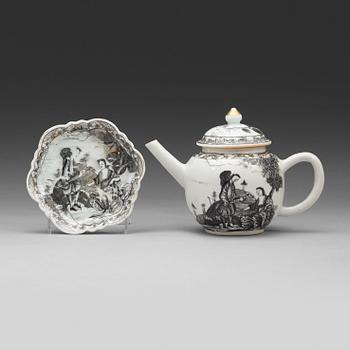 A grisaille 'European Subject' tea pot with cover and stand, Qing dynasty, Qianlong (1736-95).