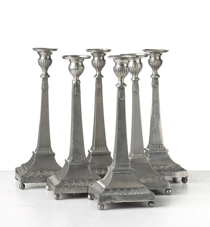 Six late Gustavian pewter candlesticks by P. H. Lundén, master in Lidköping 1797-1834.