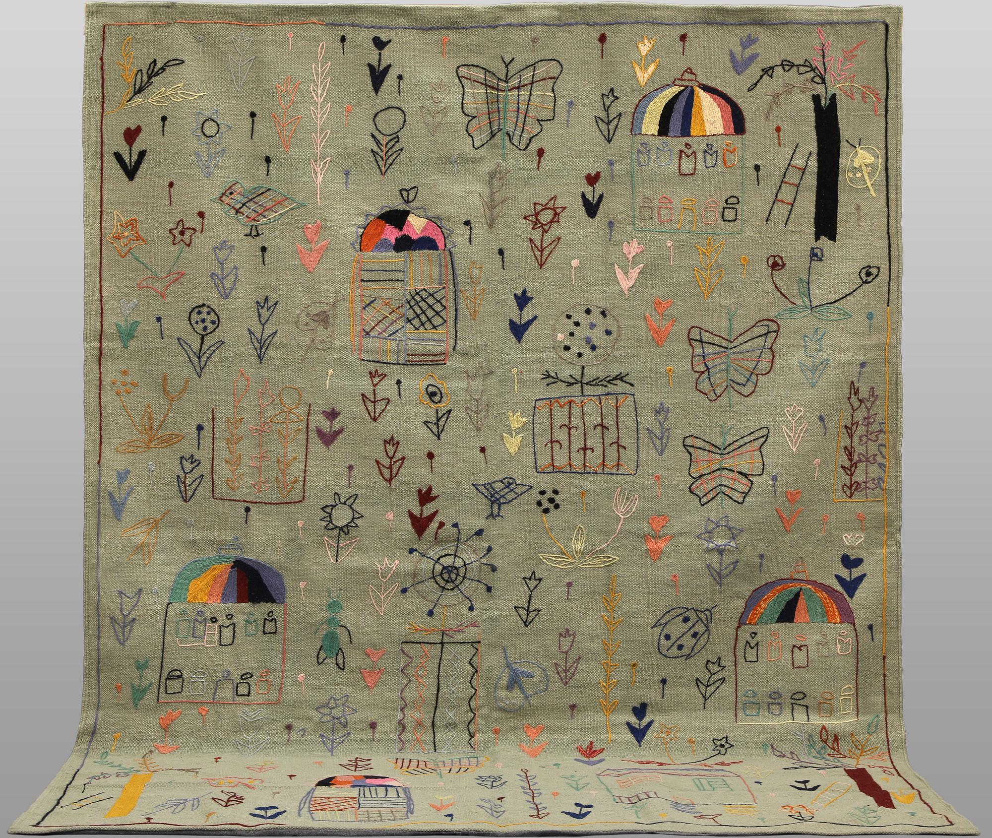 Matta, handbroderad Kelim, ca 240 x 183 cm.
