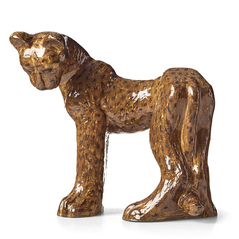 Vicke Lindstrand, a glazed ceramic sculpture of a cheetah, model 3003, Upsala-Ekeby, Sweden ca 1949.