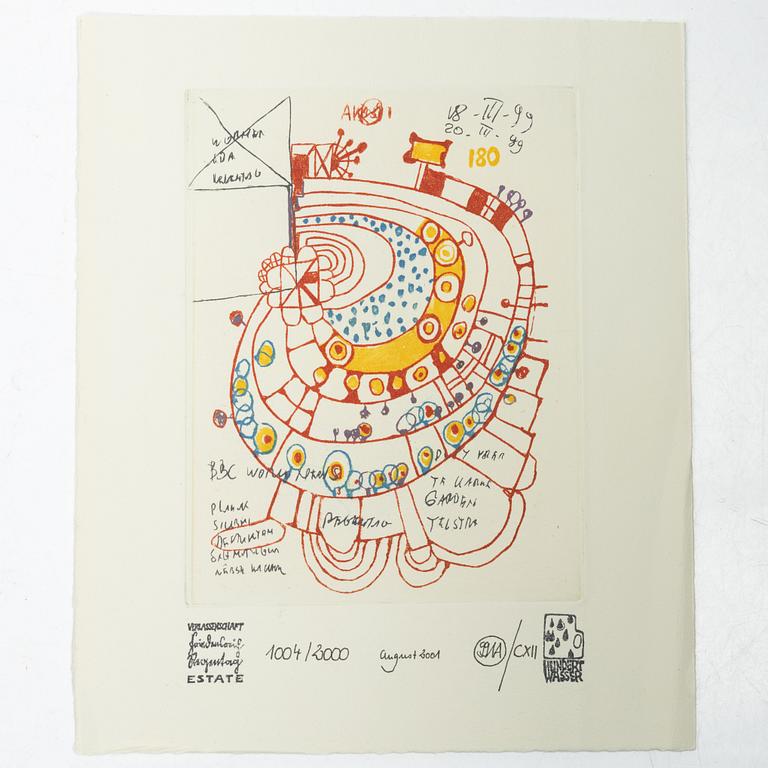 Friedensreich Hundertwasser, Books, 2 vols, 9790/10000, with accompanying colour etching, stamped signature and numbered 1004/2000. Taschen, 2000, Cologne.