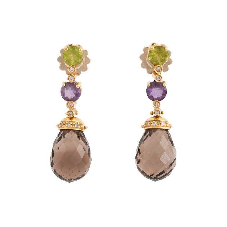 A pair of 18K gold earrings with briolette-cut smoky quartz, peridot, amethyst.