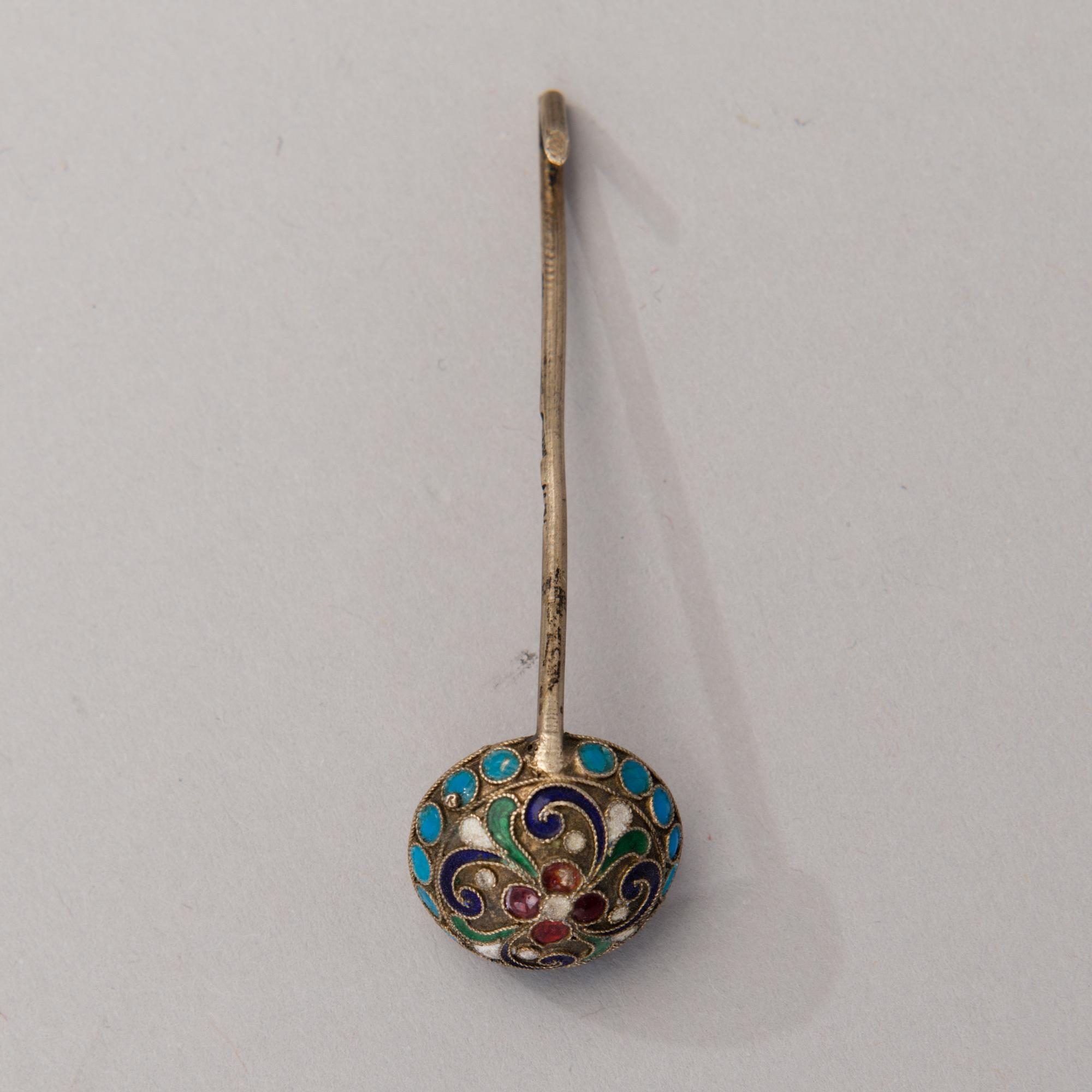 A SILVER AND ENAMEL SPOON AND SALTCELLAR, Moscow 1899-1908, Vasilii Kubarev, the spoon St:Petersburg ca 1900,
