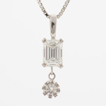 Pendant, 18K white gold with an emerald-cut diamond and smaller brilliant-cut diamonds, chain 18K white gold.