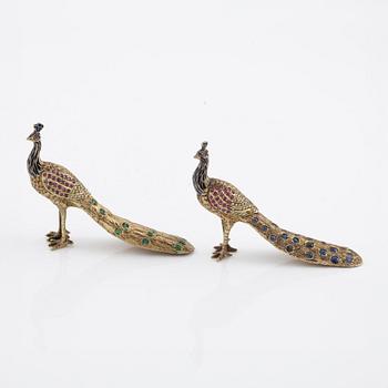 A pair of silver-gilt and precious stone miniature peacocks, 19th/20th century.