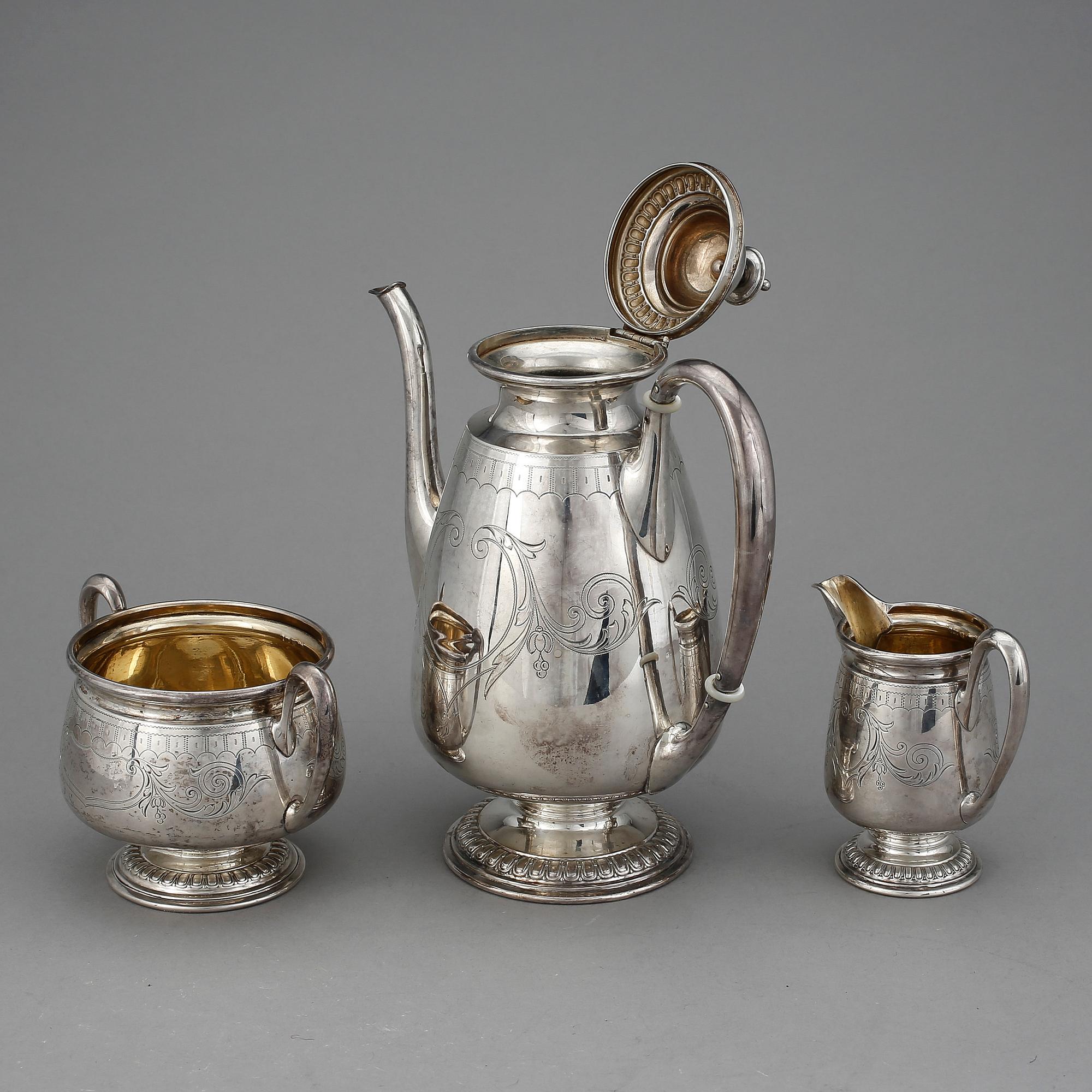 KAFFESERVIS, 3 delar, silver, Anders Gustaf Millberg, Stockholm, 1877-78. Vikt ca 697 g.