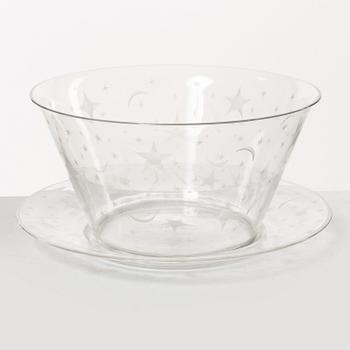 Edward Hald, skål, glas, "Stjärnhimmelsmönstret" Orrefors, 1920-tal.
