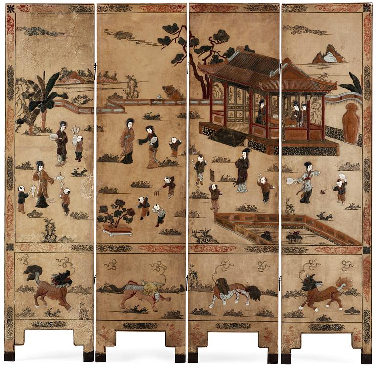 A painted and inlayed four-foulded screen, Qing dynasty (1644-1911).