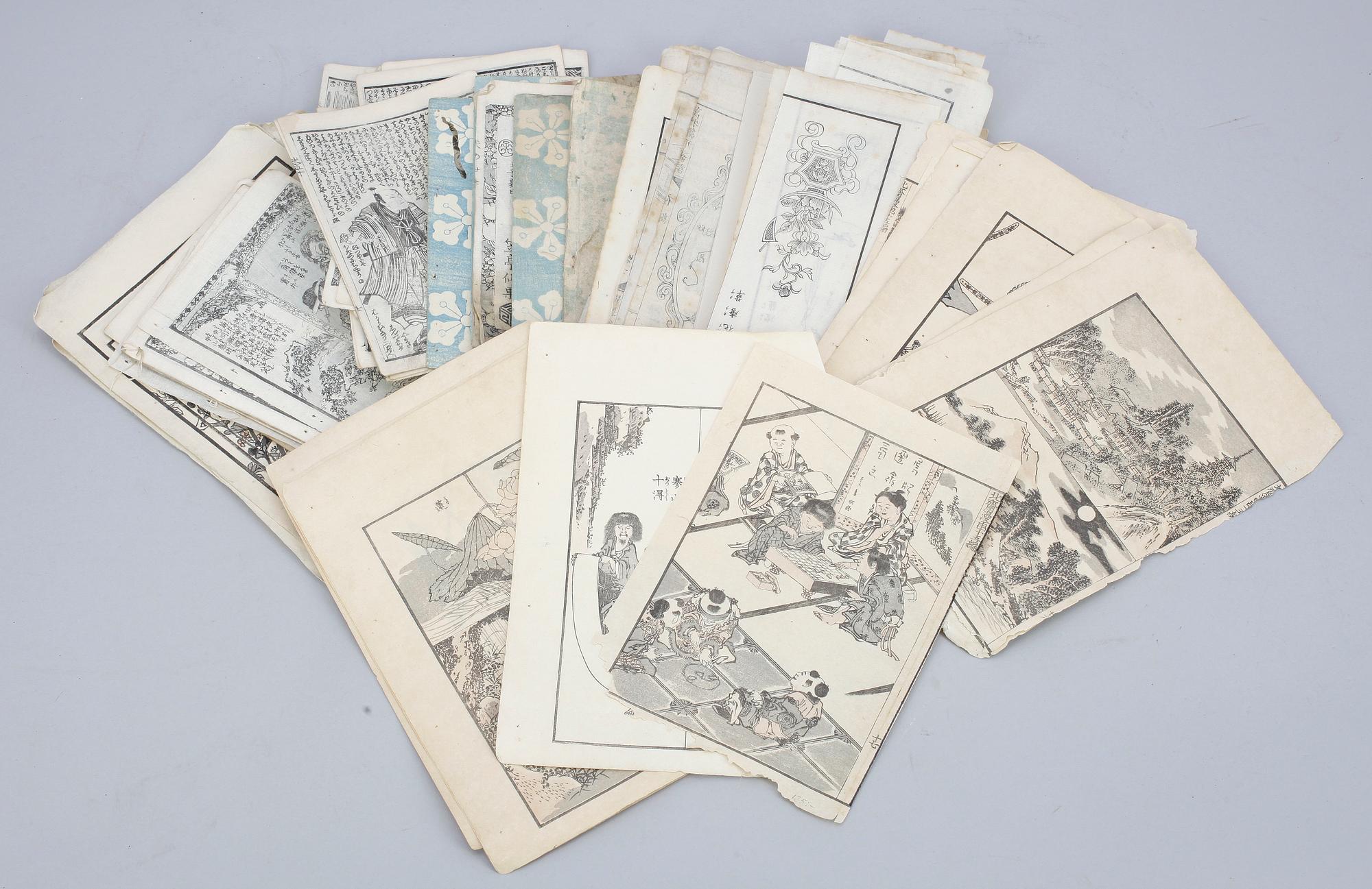 PARTI TRÄSNITT. ca 91 delar. Bland annat delar ur Hokusais Manga. Japan, 1800/1900-tal.