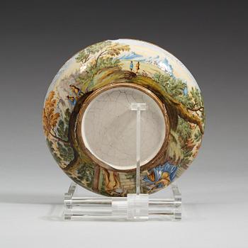 An Italian maiolica Castelli dish, 17/18th Century. Presumably by the Grue workshop.