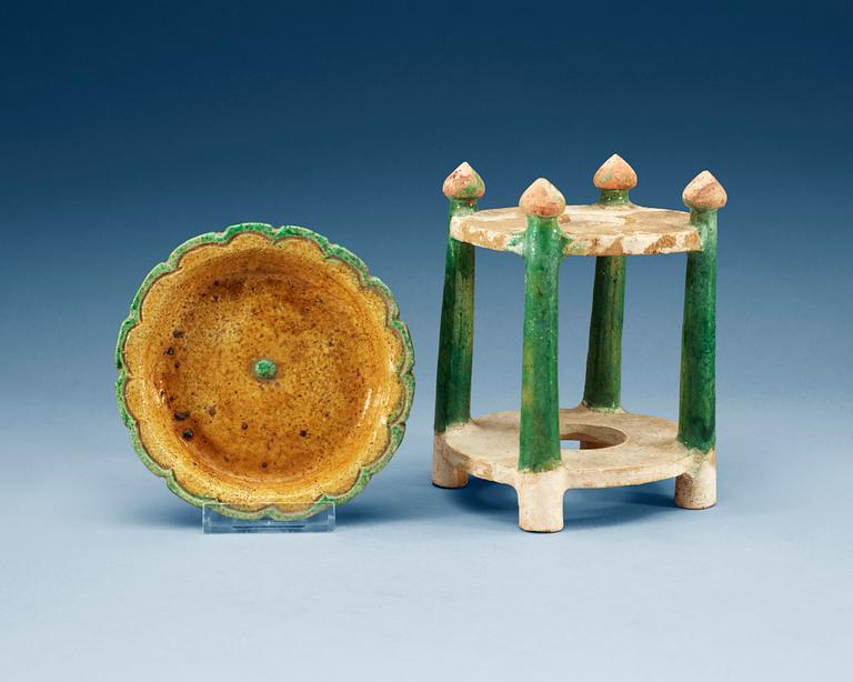 A green and yellow glazed dish and green glazed stand, Liao (916-1125) and Ming dynasty (1368-1644).