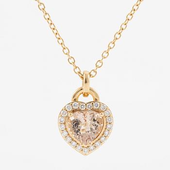 Necklace in 18K gold with a heart-shaped morganite and round brilliant-cut diamonds.