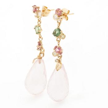 Earrings, Mandelstam, 18K gold with briolette-cut pink quartz, brilliant-cut diamonds, and pink and green tourmalines.