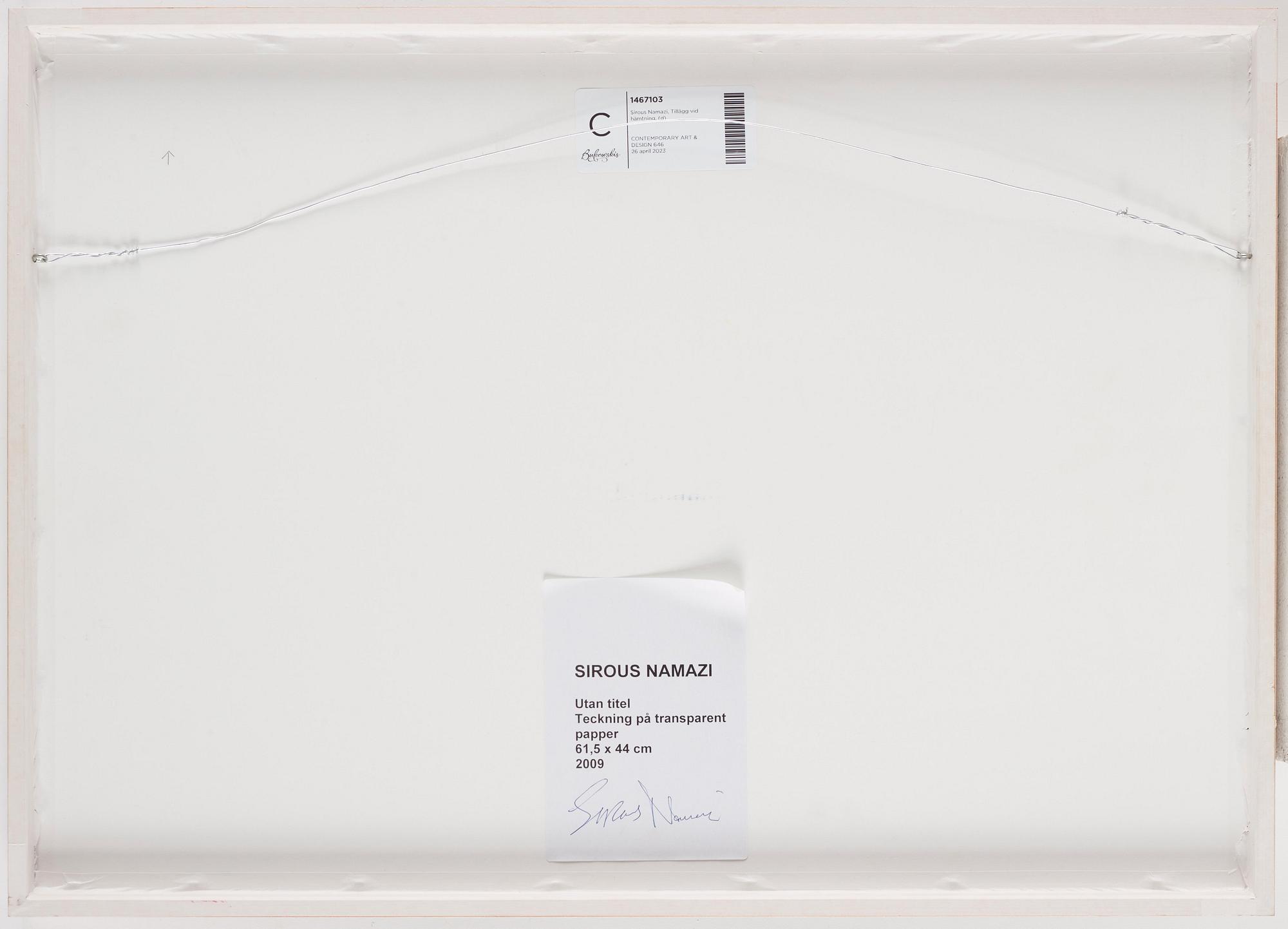 Sirous Namazi, signerad och daterad 2009. Teckning på transparent papper.