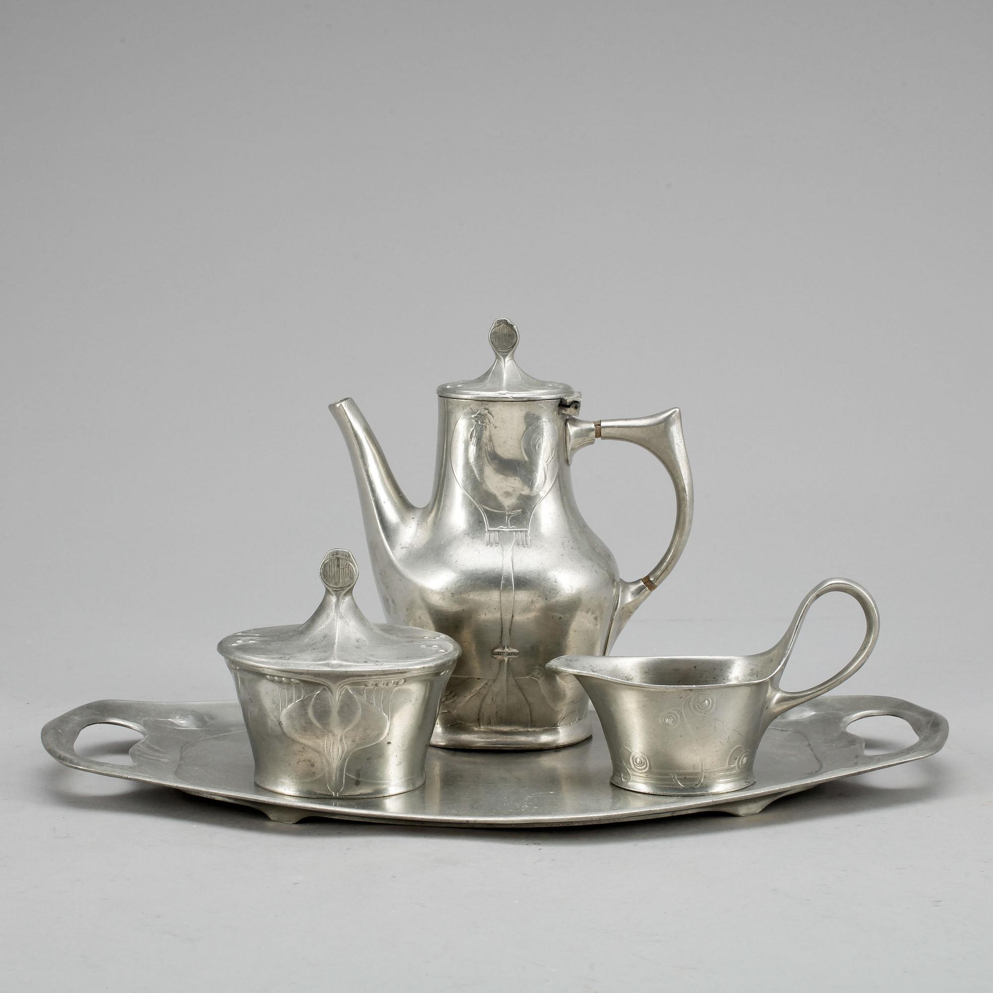 KAFFESERVIS, 4 delar, tenn, jugend, Kayserzinn, Tyskland, tidigt 1900-tal.