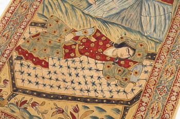 A pictoral painted textile panel (Kalamkari),  Isfahan, late Qajar dynasty (1789-1925), c. 242 x 119 cm.
