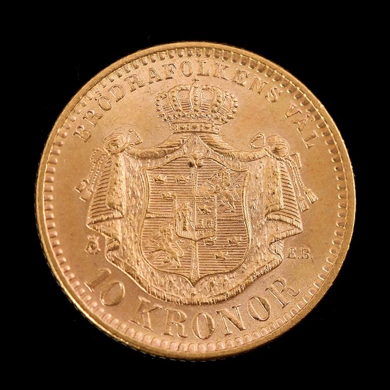 GULDMYNT, 10 kronor, Oscar II, 1901. Vikt ca 5 gram.