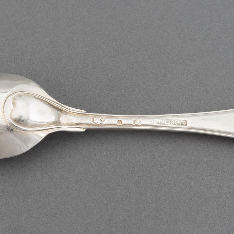A set of six Swedish 18th century silver spoons, maker's mark Petter Eneroth, Stockholm, 1785.