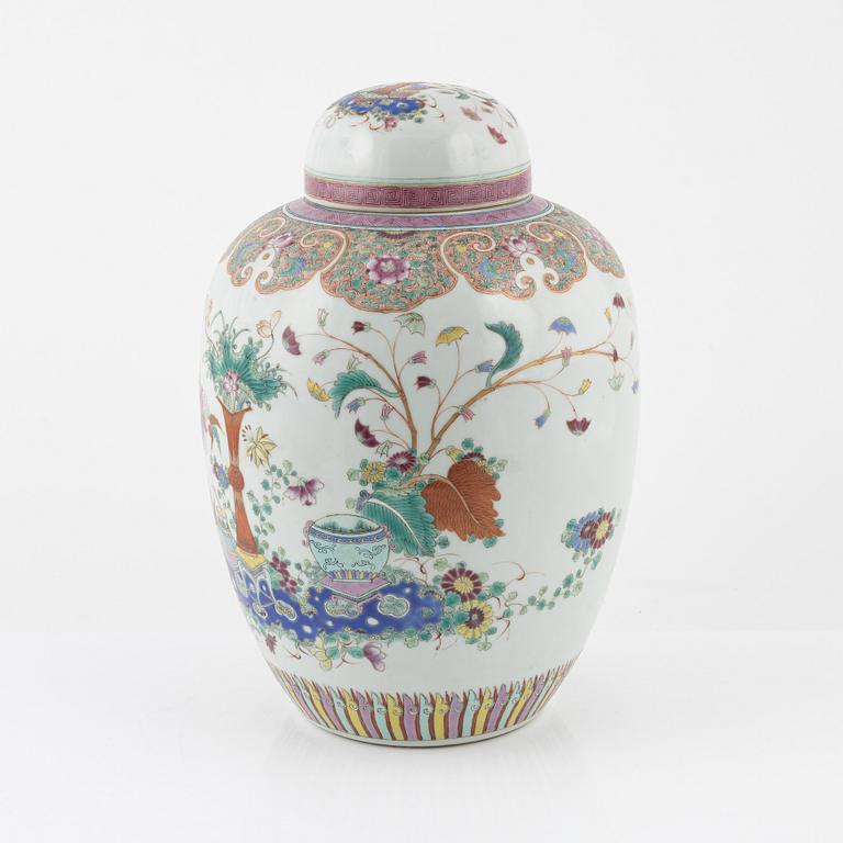 A large famille rose jar and two dishes, China, 20th Century.