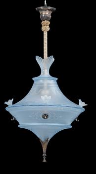 A Simon Gate light blue glass and silver plate chandelier by Orrefors, ca 1925.