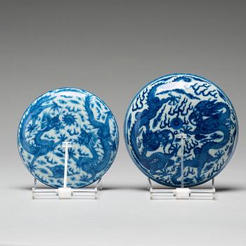 Two Chinese blue and white 'dragon' boxes with covers, 20th century, with Qianlong mark.