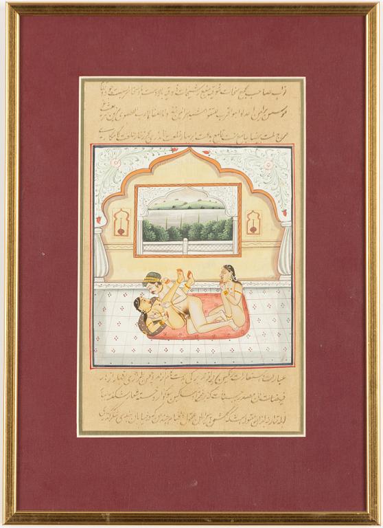 Oidentifierad konstnär, Erotiska scener i interiörer, Indien, 1900-tal. Två stycken.