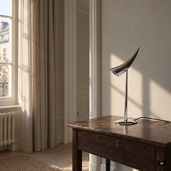 Philippe Starck, Bordslampa "Ara" av förkromad metall. Flos, Etikettmärkt.