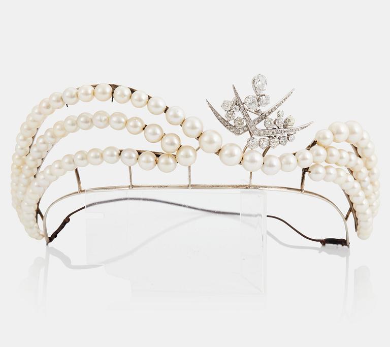 A tiara with cultured pearls and a detachable WA Bolin platinum brooch set with old-cut diamonds.