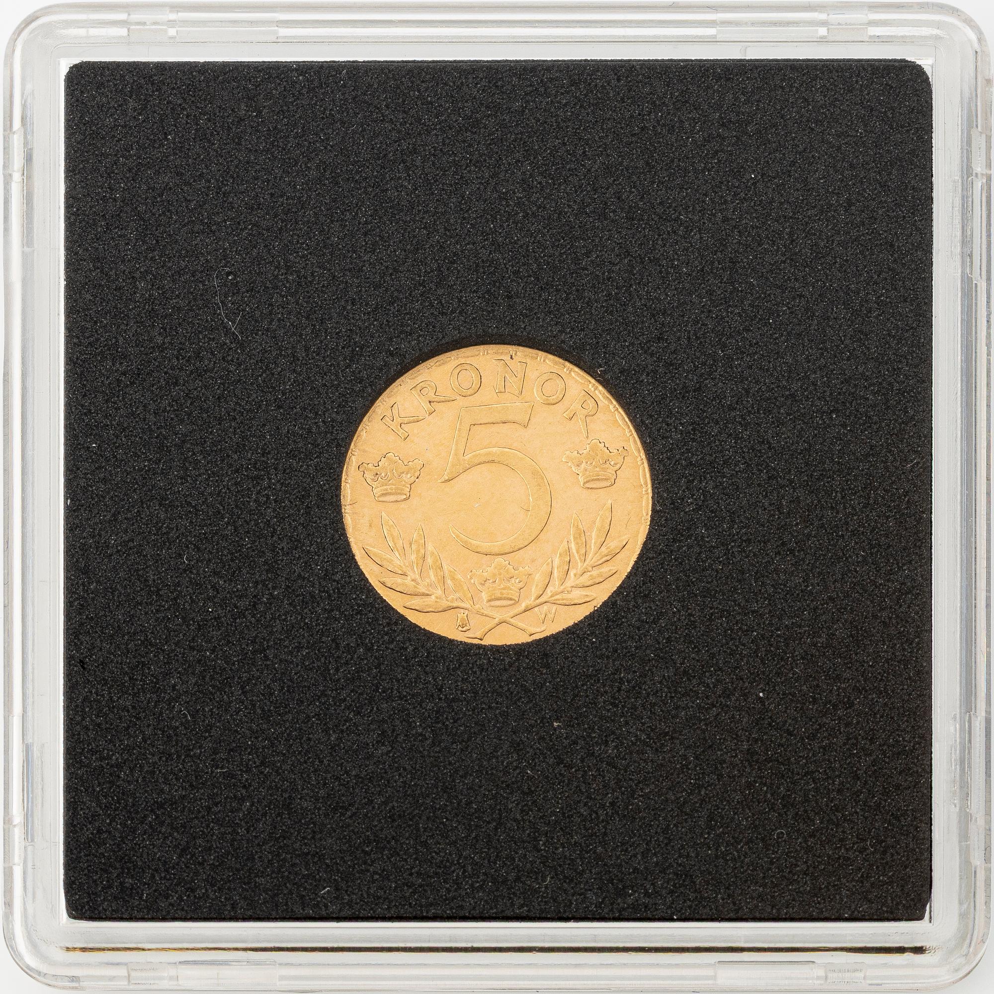 Gold coin, Gustav V, 5 kronor, Sweden 1920.