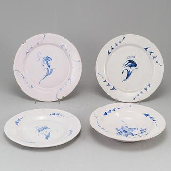 A set of four 18th Century faience dishes, one marked Marieberg.