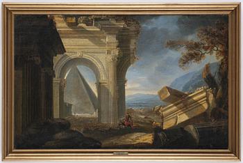 Giovanni Ghisolfi, follower of, Ruined landscape with resting figures.