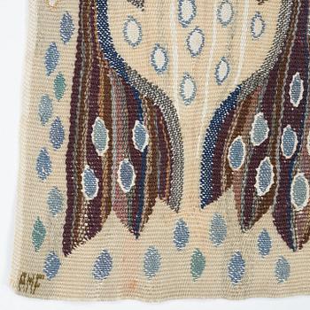 Ann-Mari Forsberg, född Lindbom, a textile, "Blå crocus", tapestry weave, ca 55,5-57 x 84,5-88,5 cm, signed AMF.