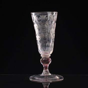 A Bohemian cut and engraved colour twist goblet, first half of the 18th Century.