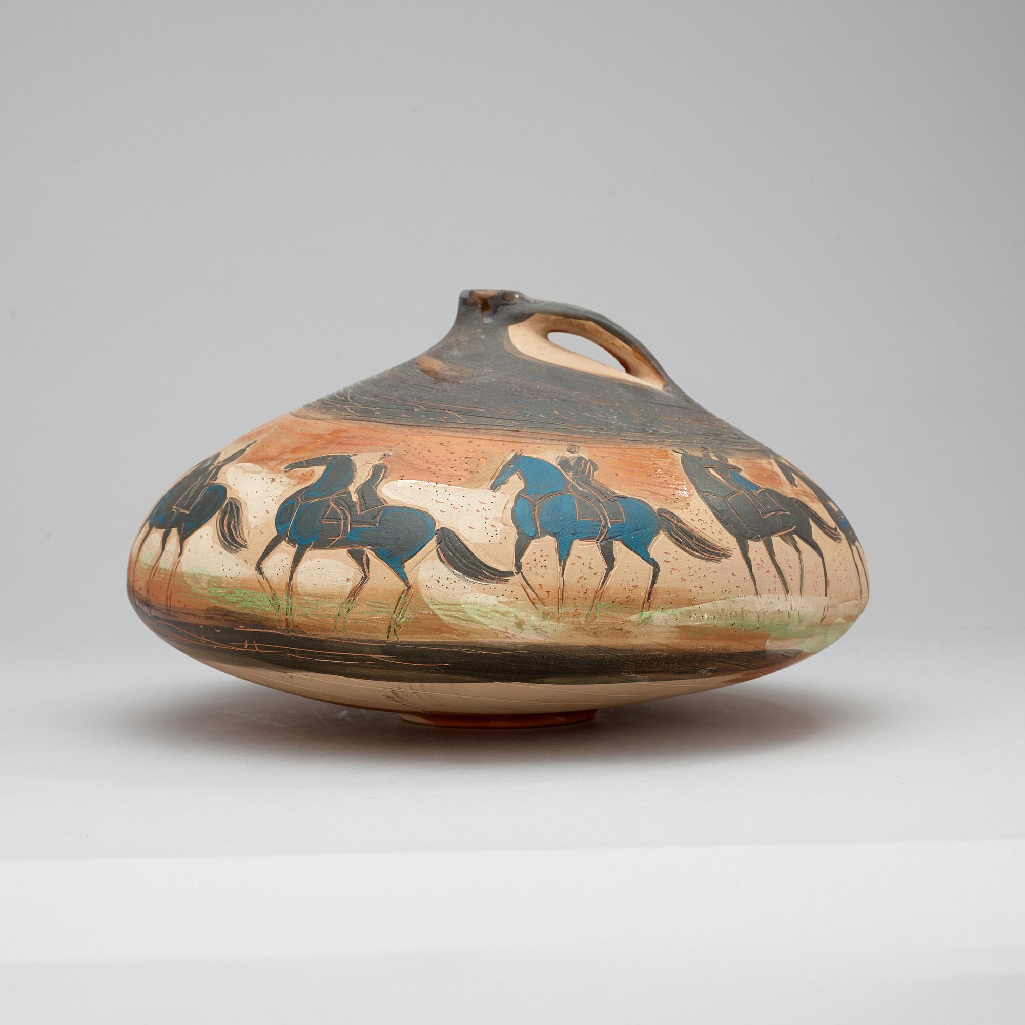 An André Brasilier painted earthenware pitcher, Sassi-Milici, Vallauris, France 1984.