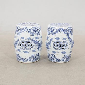 A pair of Chinese blue and white garden stools, 20th century.