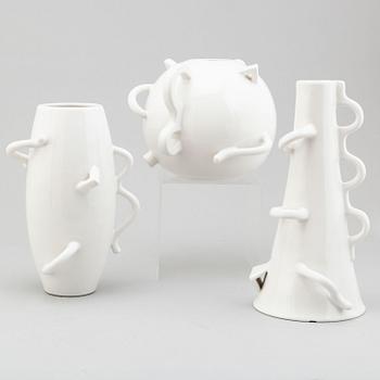 29. Alessandro Mendini, a set of three post modern white glazed "Dealbata" ceramic vases, Zanotta, Italy post 1987.