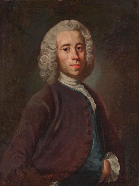 Olof Arenius, attributed to, Man in a brown coat and blue waistcoat, waist-up portrait.