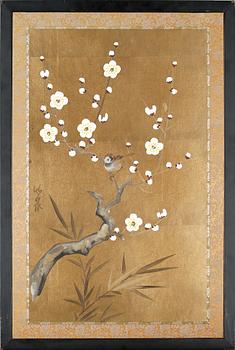 Three paintings from Japan, so called Byobu, 20th century, two signed.