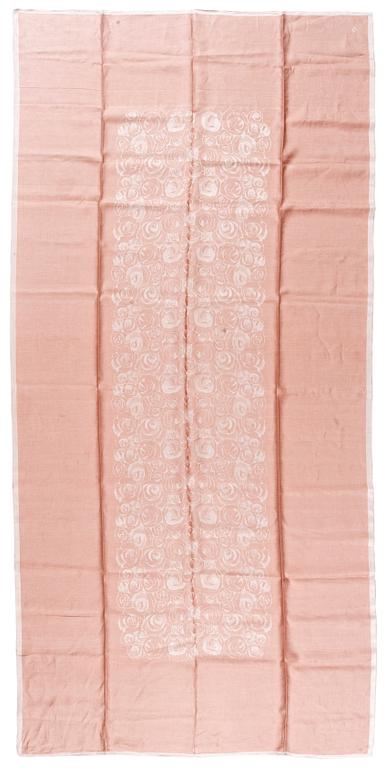 DUK OCH SERVIETTER, 12 st. "100 rosor". Damast. Duken 307 x 149,5 cm, servietterna ca 46 x 42 cm vardera. Signerade TL (Tampella). Komponerade av Dora Jung.