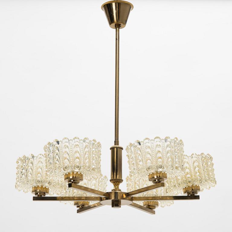 A brass and glass ceiling lamp, second half of the 20th Century.
