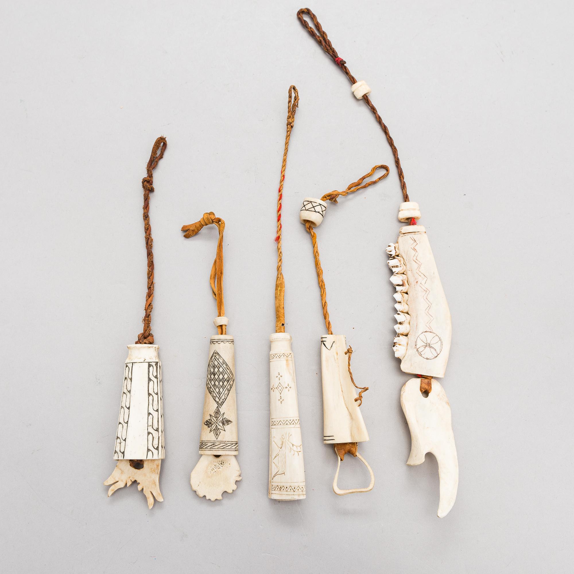 5 needle cases and 3 signed matchboxes, sami handicraft / duodji, first half of the 20th century.